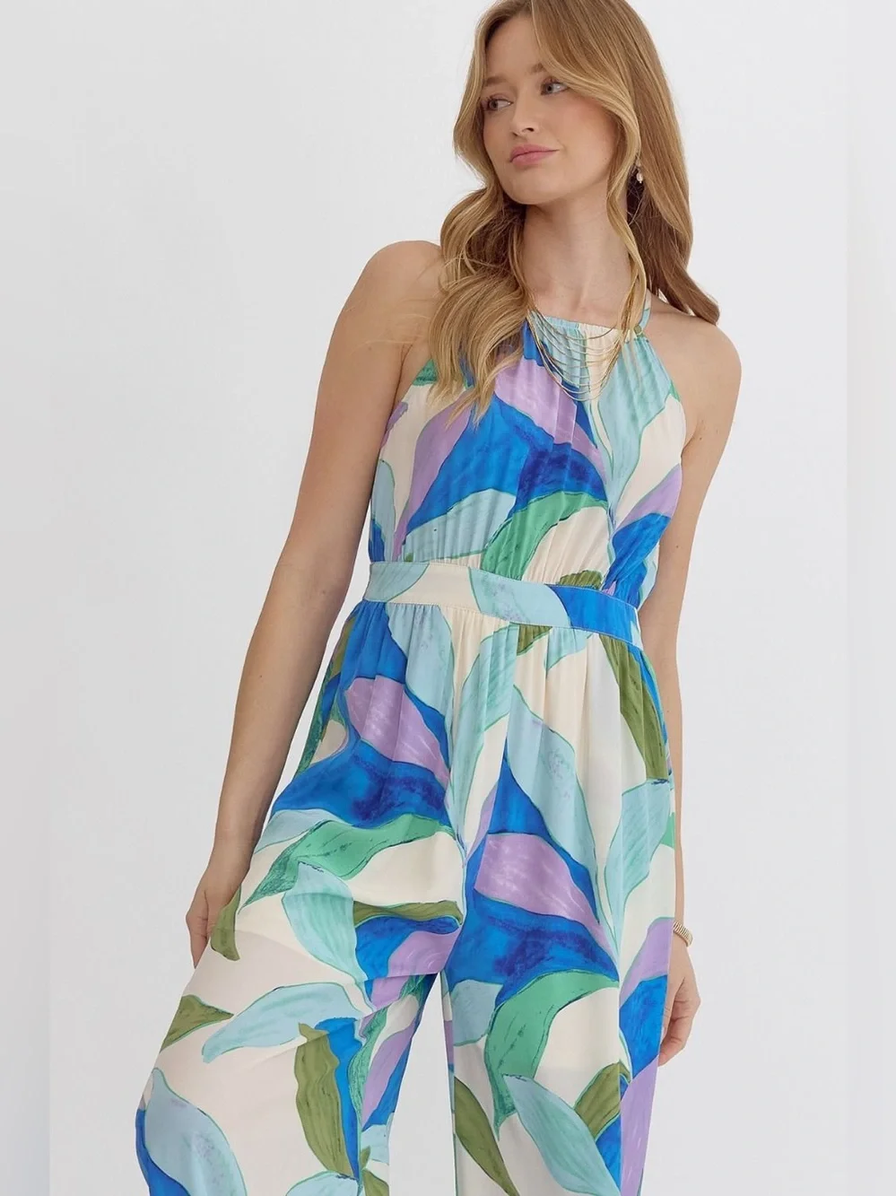 Entro | Paloma Abstract Tropical Vacation Vibes Blue Purple Jumpsuit New Medium